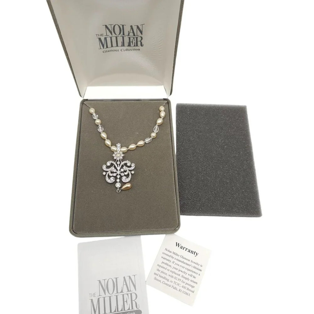 Nolan Miller Glamour Collection Faux Pearl Clear Crystal Necklace in Box